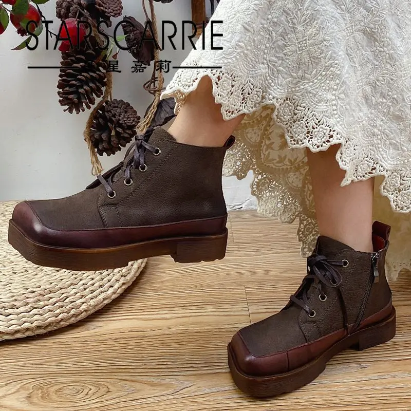 

Женские ботинки с прострочкой, повседневные ботинки средней высоты на платформе с квадратным носком и боковой молнией, осень 2021