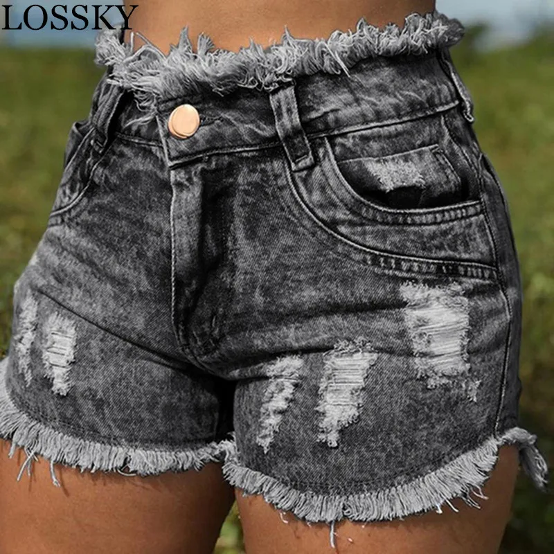 

LOSSKY Casual Summer Denim Women's Shorts Cowboy High Waists Tassel Hole Fur-lined Leg-openings Plus Size Sexy Short Jeans 2019