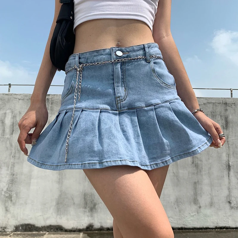 

Women 2021 Y2k Harajuku Ruffles Solid Colors Mini Skirts Pink Pleated Denim Skirt High Waist Kawaii Korean Fashion Streetwear