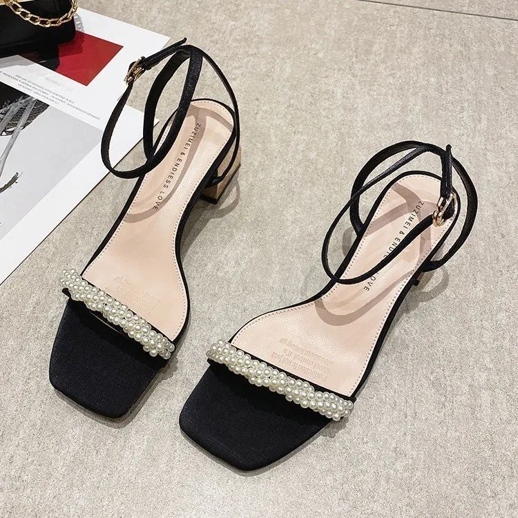 

2021 Summer new thick heeled sandals lady's mid heeled versatile high heeled button top women's shoes