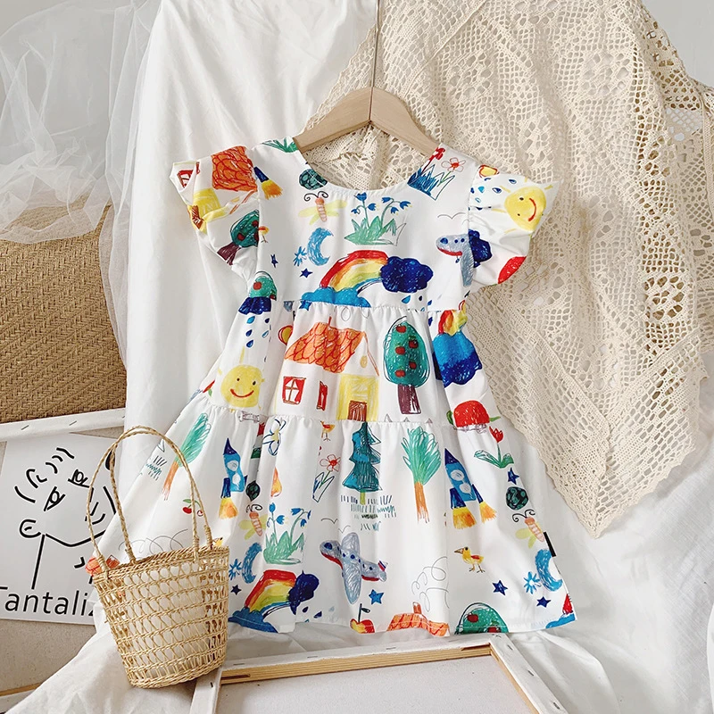 

Summer Girls Dress Cartoon Puff Sleeve Princess Party Dress Casual Print Baby Kids Children Clothing Floral Baby Girl Dresses