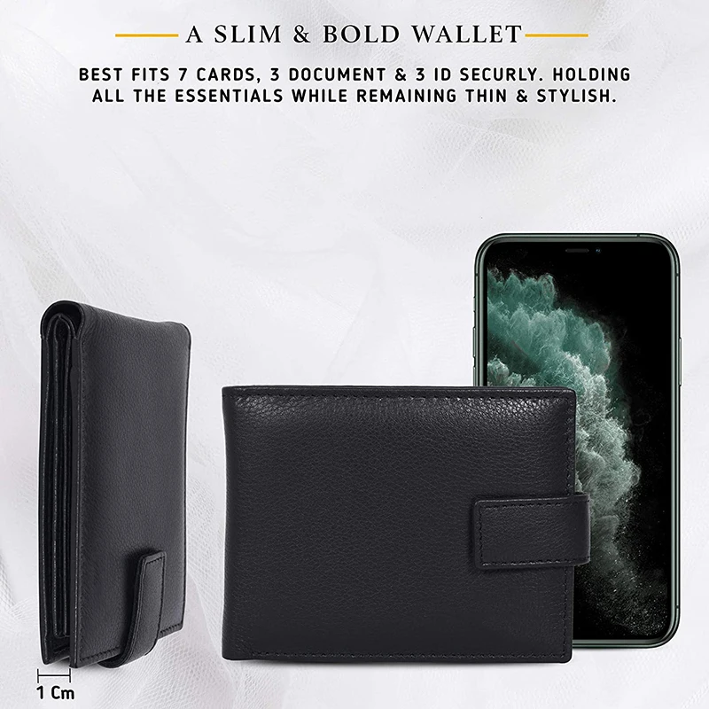 Lychee Pattern Genuine Leather Wallet Buckle Multi Card Slot Large Capacity RFID Men's Wallet with ID Window And Coin Purse