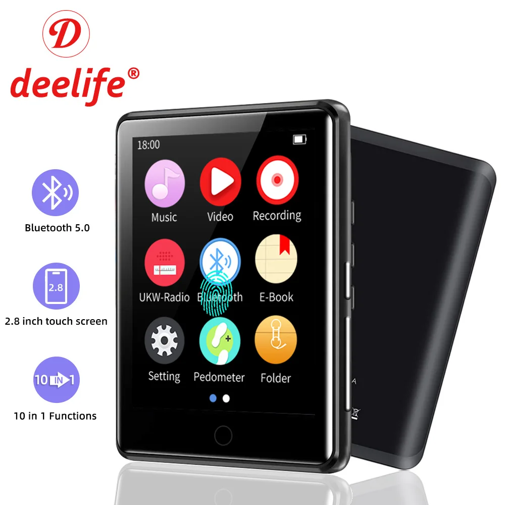 Deelife MP3 Player Bluetooth 5.0 Touch Screen Music Play Built-in Speaker 16GB Support FM Radio Recording Pedometer MP 3