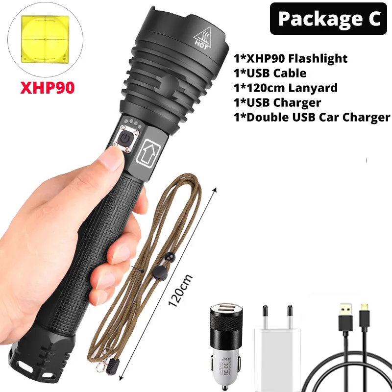 Package C-XHP90 Светодиодная вспышка светильник XHP90 вспышка светильник s power 2*26650 или 2*18650 батареи самый мощный тактический фонарь вспышка светильник фонарь для кемпинга - Испускаемый цвет: Package C-XHP90