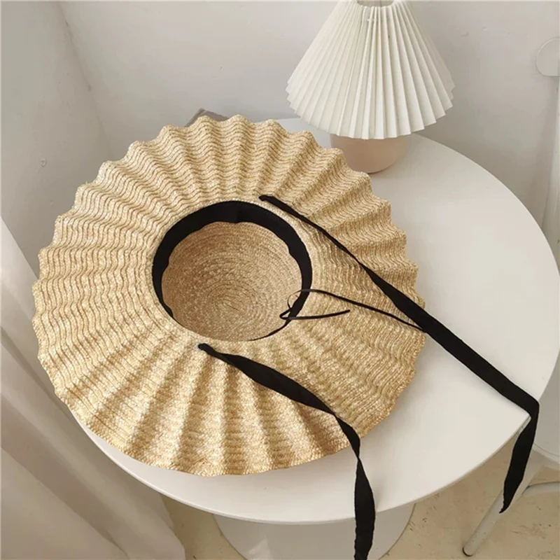 

2020 New Large Brim Ribbon Straw Hat Summer Hats For Women Ribbon Beach Cap Beach hat Dome Top Sun Hat Holiday Elegant cap