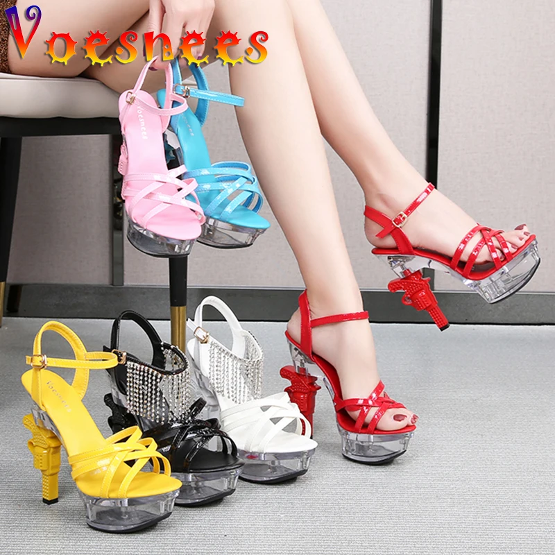 

Voesnees 2021 New Crystal Women's Shoes Summer Pistol Heel Female Sandals Cross-tied 14cm High Heels Sexy Ladies Wedding Shoes