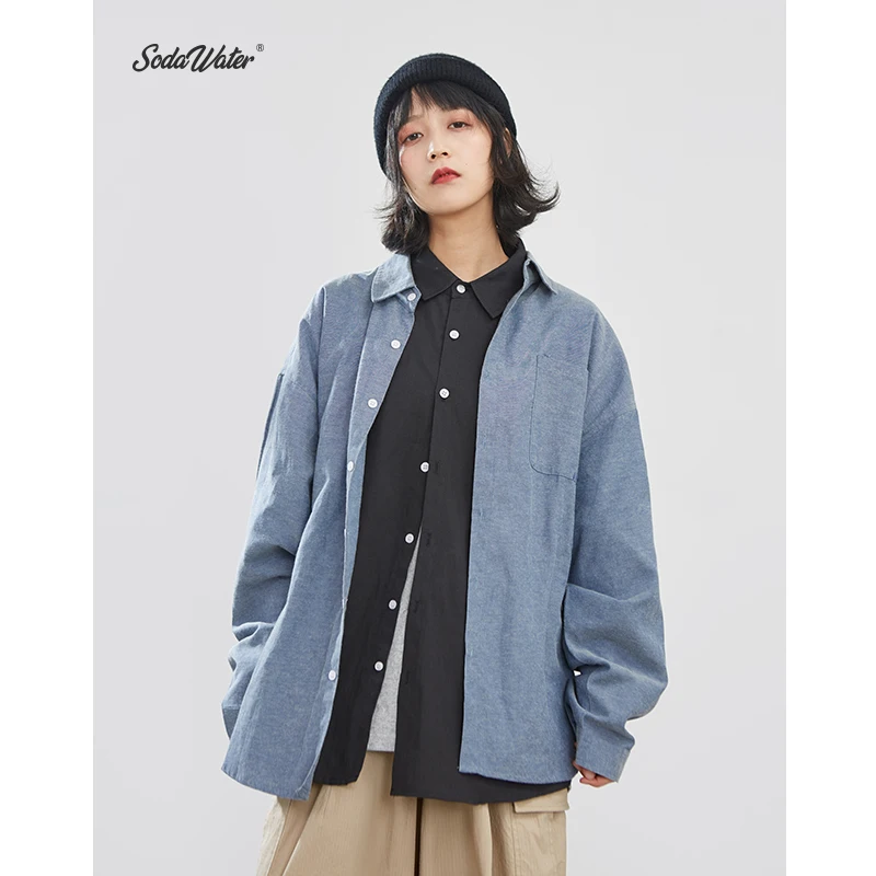 SODAWATER Men Vintage Shirt Japan Style Loose Solid Autumn Streetwear Casual Front Pocket Long Sleeve Tops 92134W | Мужская одежда