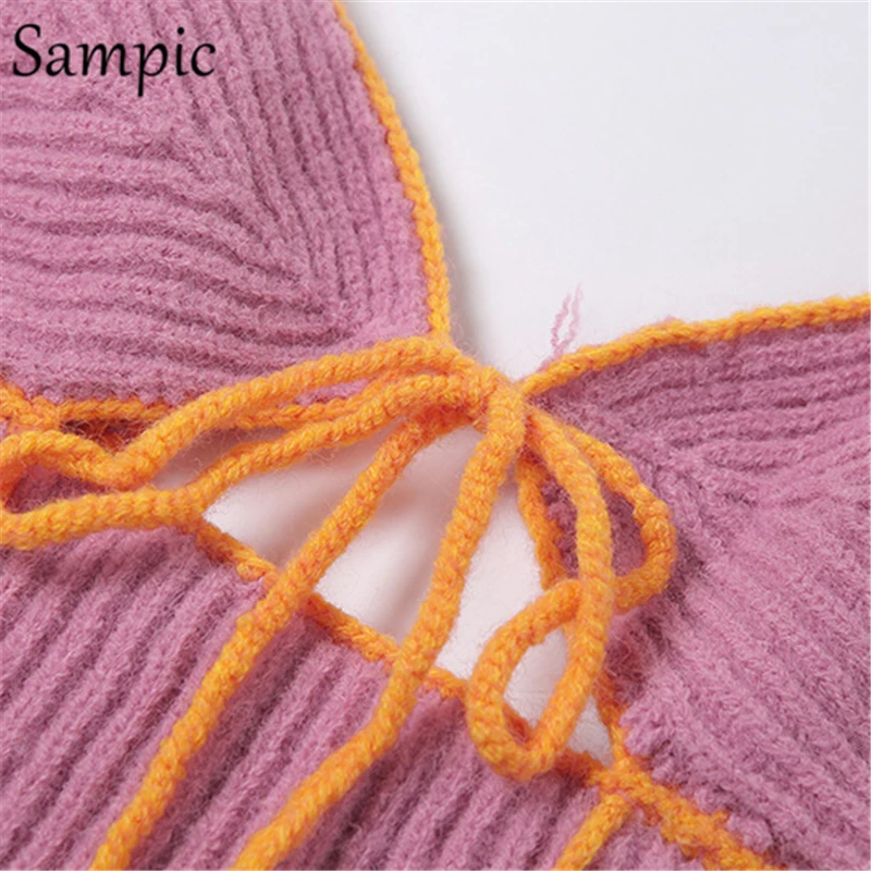 

Sampic Chic Women V Neck Female Sexy Strap Clubwear Skinny Crop Tops 2021 Summer Knitted Fashion Pink Hollow Out Tank Tops
