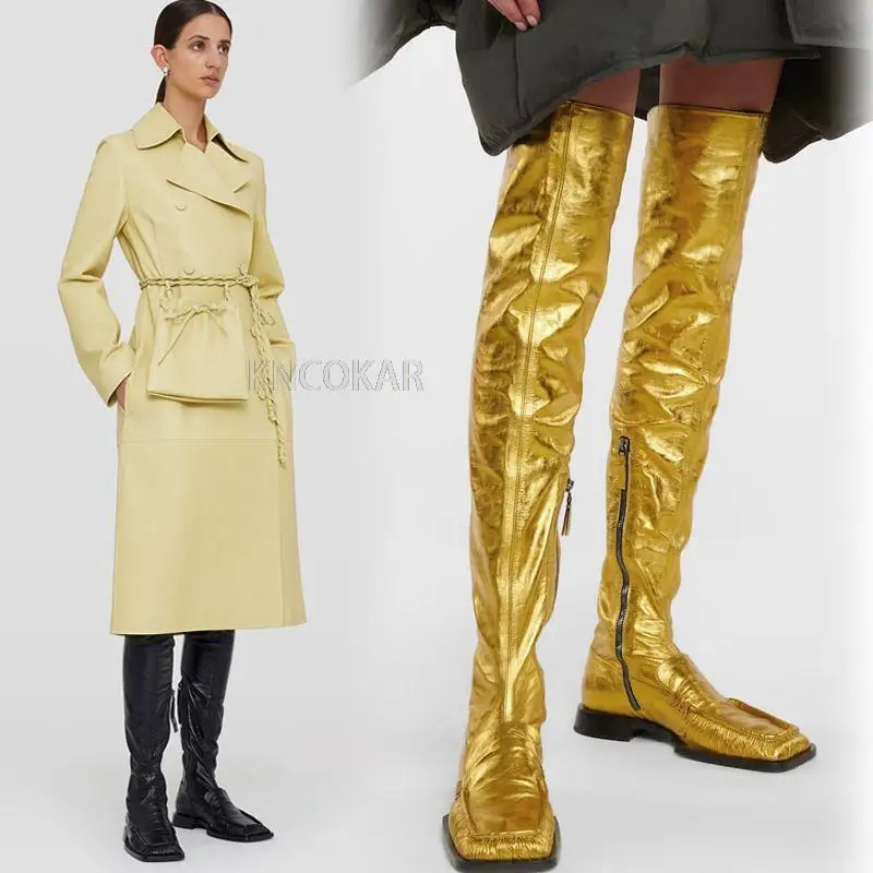 2021 new golden stretch folds Lok Fu over the knee socks boots flat bottom was thin and large size fashion boots