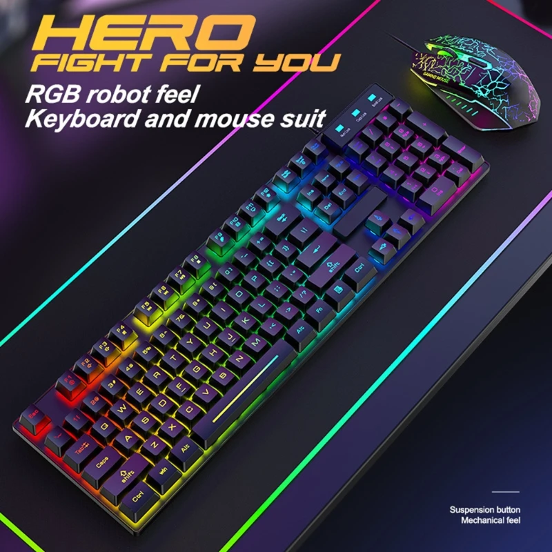 

T6RGB Luminous Wired Gaming Keyboard and Mouse Set with Large Mouse Pad USB Colorful Backlit Mechanical Feel Keyboard Kit for La