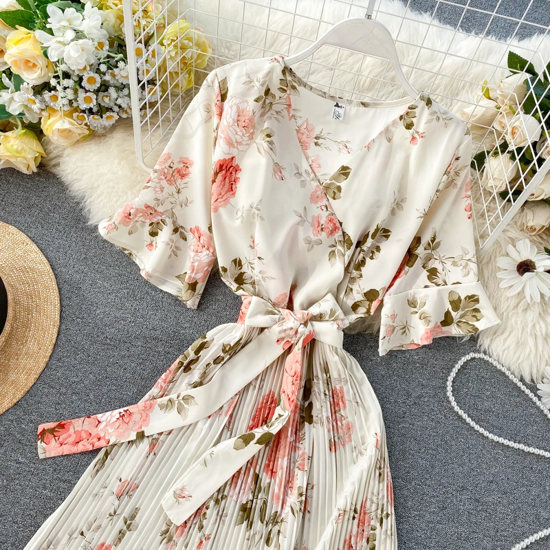 

Boho 2021 V Neck Floral Print Summer Bandage Dress Midi Long Chiffon Party Women Casual Elegant Pleated Beach Holiday Dresses