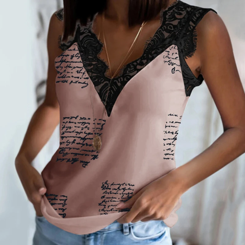 

Letter Print Women Summer T Shirts Sexy Lace Patchwork Deep V Neck T Shirt Loose Ladies Casual Sleeveless Backless Top
