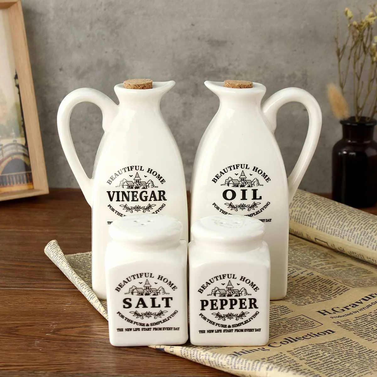 

4pcs Ceramic Spice Jar Pepper Vinegar Oil Salt Bottle With Wooden Cork Kitchen Condiment Bottle Seasoning Pot Cooking Spice Tool