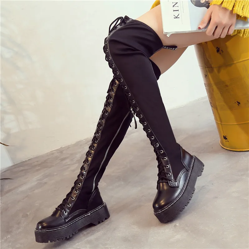 Панк кроссовки для женщин на шнуровке растягивающиеся Сапоги выше колена