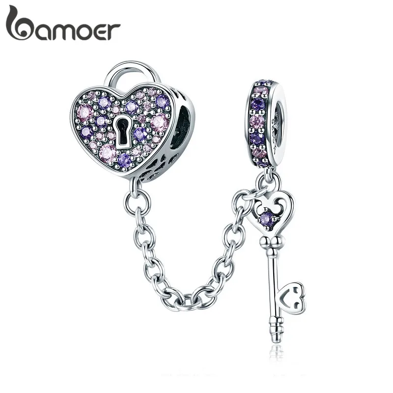 BAMOER, 925 пробы, серебряный ключ, сердце, замок, кристалл, CZ цепь, талисманы, подходят для шарма, браслеты и ожерелья, цепочка, ювелирное изделие SCC772