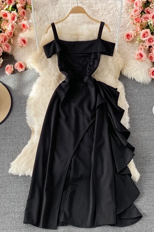 

Irregular Hepburn Women Sexy Off Shoulder Office Dress Girls Waist Slim Spaghetti Strap Long Dresses Summer 2021