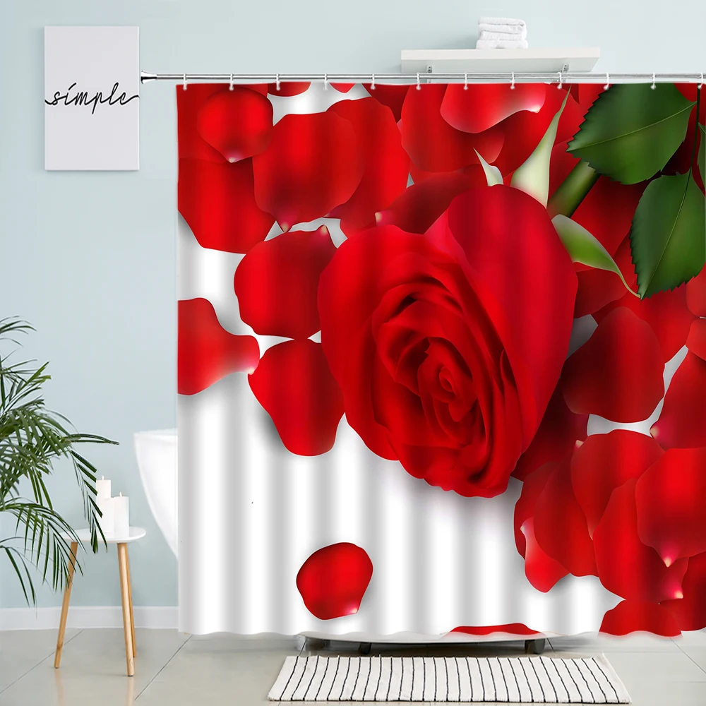 

Red Rose Shower Curtain Petals Natural Flowers Green Leaves Valentine's Day Home Decor Polyester Fabric Bathroom Woman Girl Gift