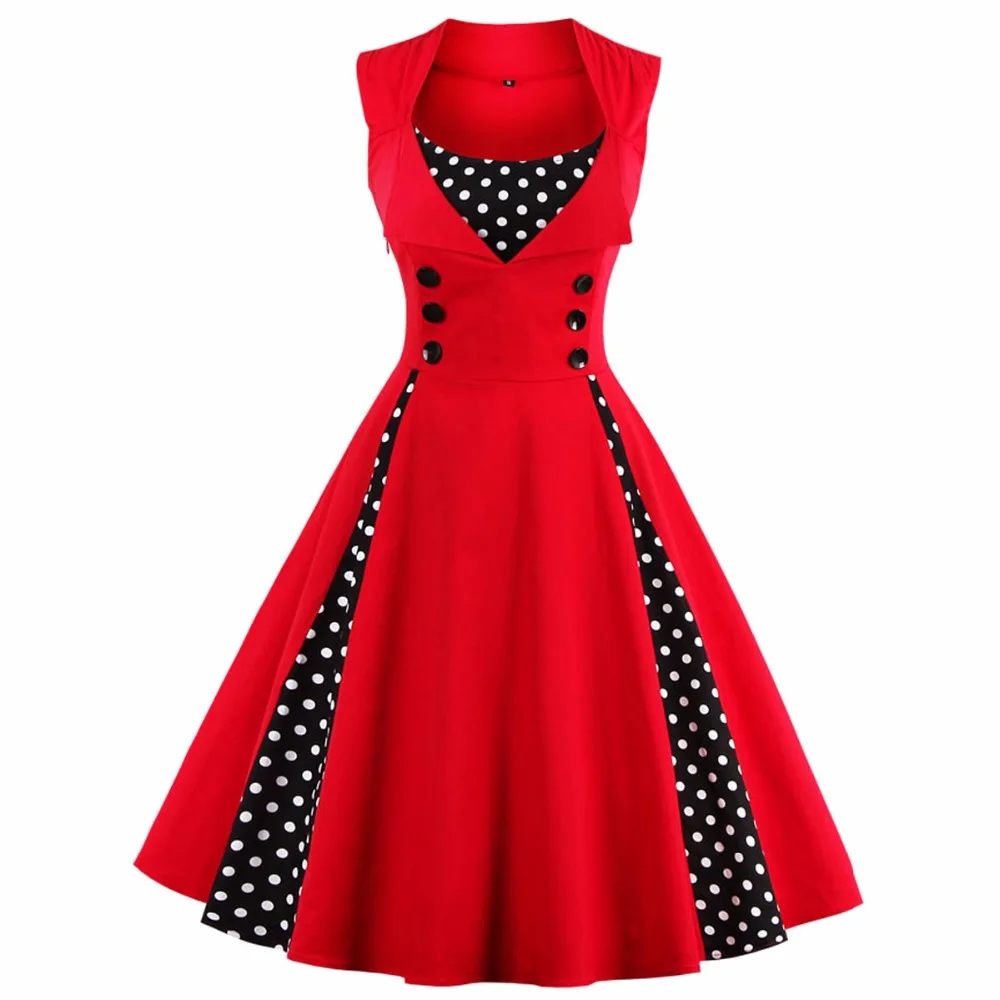 

Plus Size Women 5XL 50s 60s Retro Vintage Dress Polka Dot Patchwork Sleeveless Summer Red Dress Rockabilly Swing Party Dresses