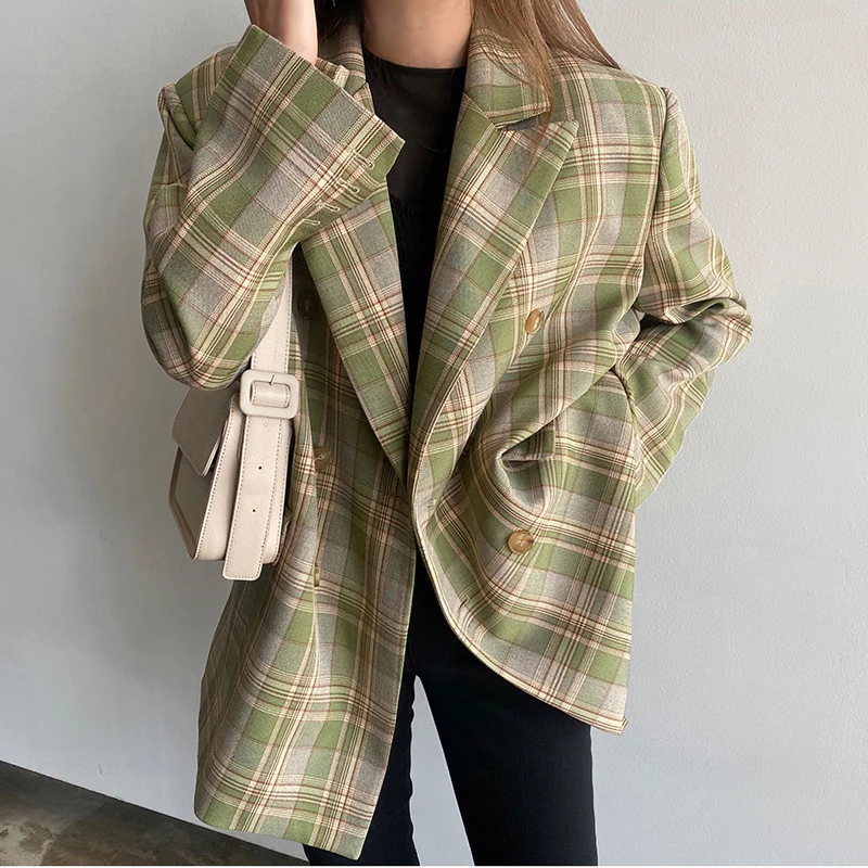 

British Style Spring Summer Loose Plaid Outerwear Women Long Sleeve Suit Jacke Female Jacket Elegant Chic Single-breasted Blazer