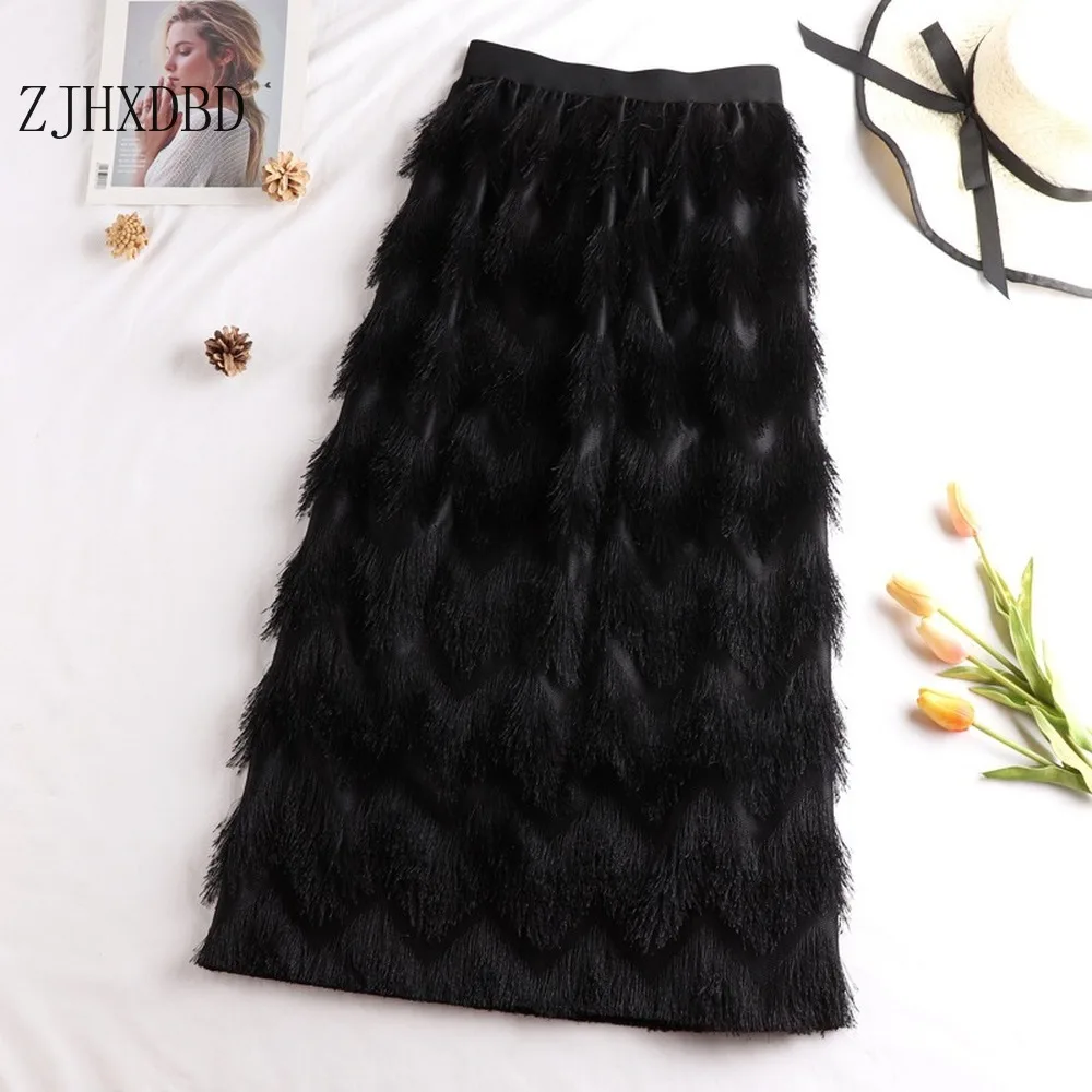 Женская длинная юбка с бахромой Повседневная прямая черного и белого цвета