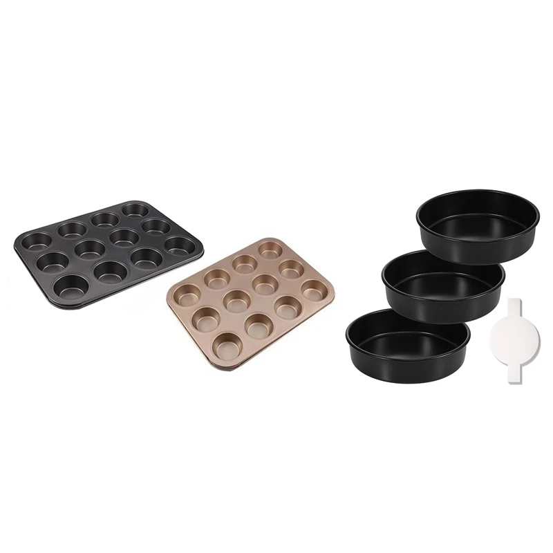 

2 шт. противень для маффинов, противень для выпечки с 12 чашками, антипригарная противень для кекса и 1 набор, 8-дюймовая круглая форма для кекс...