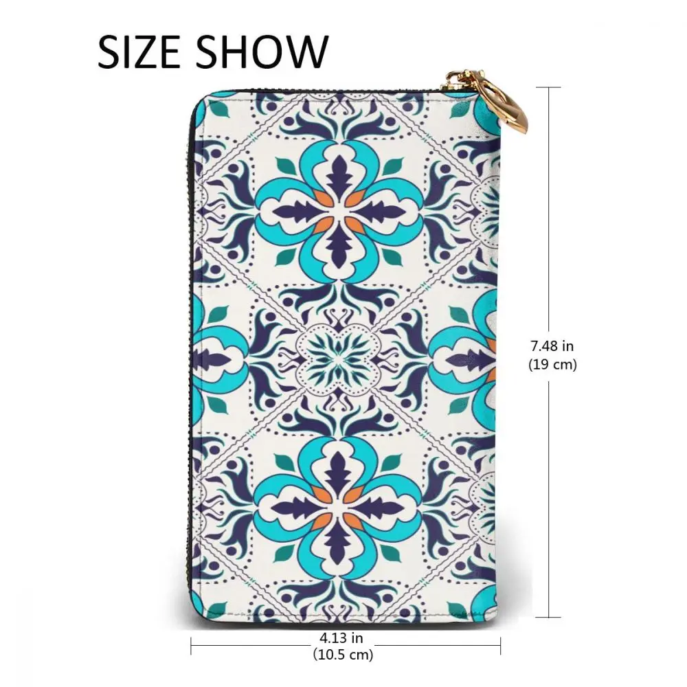 

Fashion Leather Wallet Portuguese Tiles Moroccan Pattern Long Zipper Wallet Clutch Bag Purse for Woman Man Girls Boys