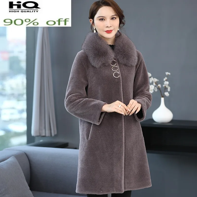 

100% Real Sheep Shearling Coat Female Winter Elegant Fox Fur Collar Coats Women 2022 Wool Jackets Casaco Feminino Gxy215