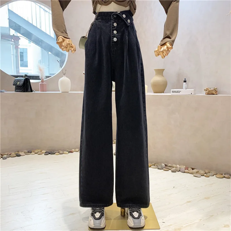 

NEW Niche Design Women's Clothing 2021 Autumn Student Wide Leg Pants Straight Floor Pants Single Breasted High Waist Jeans