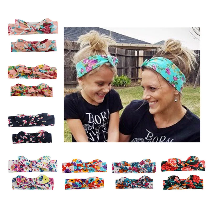 

2Pcs/Set Mom & Baby Headbands Mother Baby Turban Mom Daughter Rabbit Ears Hairband Floral Print Parent-Child Hair Accessories