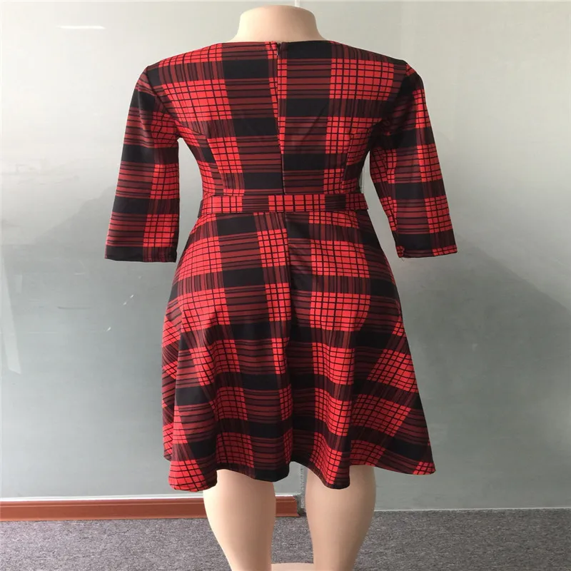 

African Clothes Elegant Plaid A-Line Dress Women Office Lady High Quality Bodycon High Waist Front Zipper Belt Dress Party