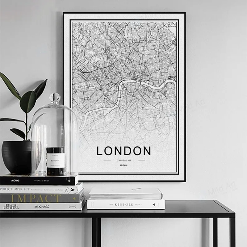 Холст картины черный белый на заказ карта городов мира Париж Лондон Нью Йорк