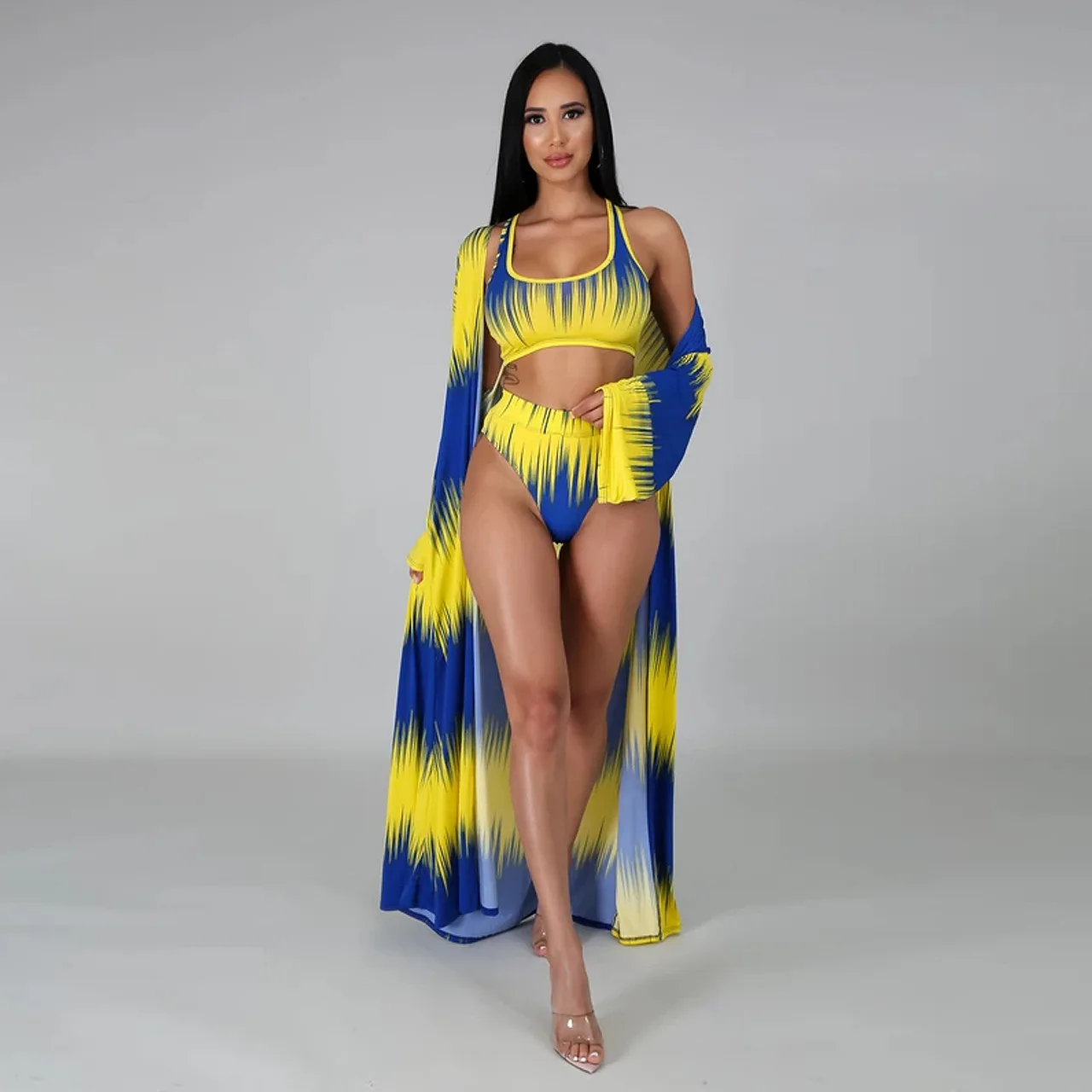 2021 Women's 3Pcs Swimsuit Set Sports Style Wireless Bra HigH Waist Briefs Coat Color Blocking Swimwear Bikini for Beach | Женская