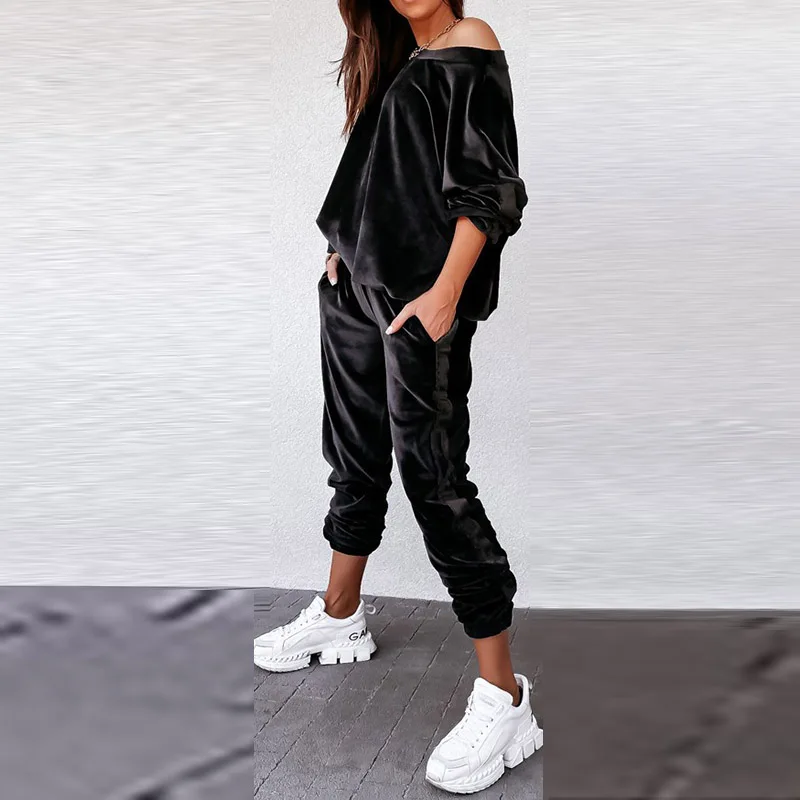 

Autumn Women O-Neck Velvet Tracksuit Set Loose Long Sleeve Patchwork Pullover Top & Trousers Suit Casual Elastic Waist Pants Set
