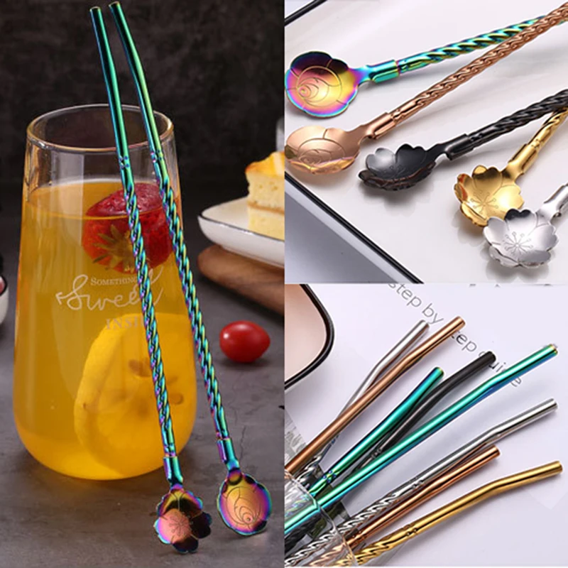 

1PC Long Twisted Straw Spoon Portable Gold Tea Scoop Reusable Colored Stainless Steel Straws Cocktail Coffee Stirring Spoons