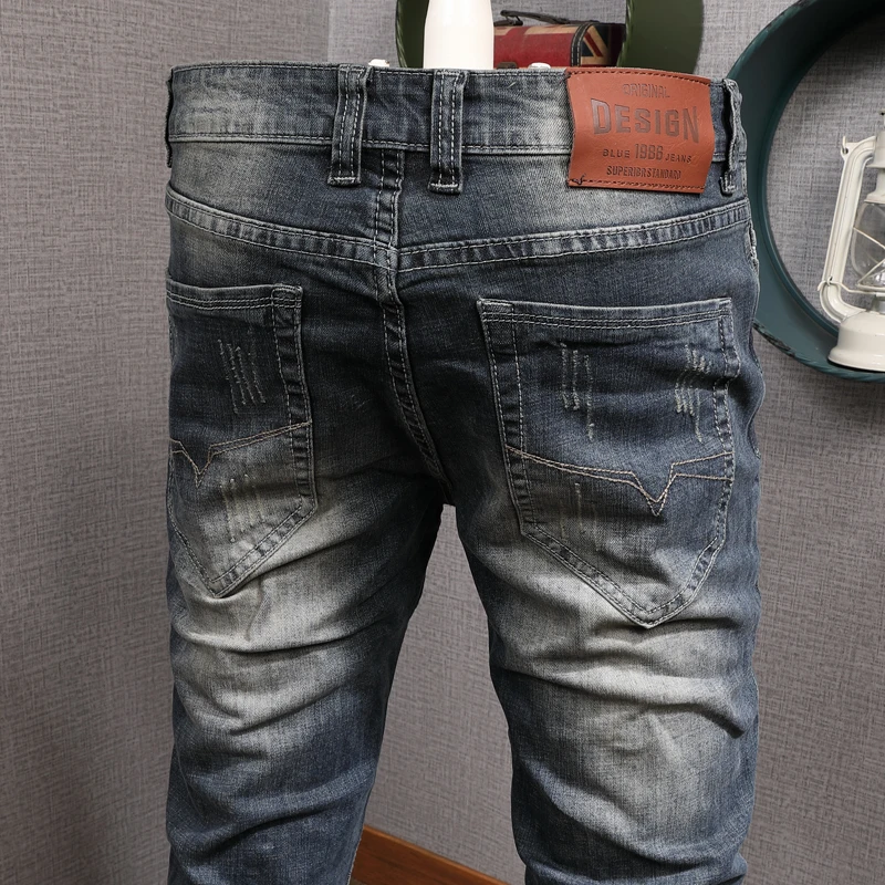 Italian Vintage Fashion Men Jeans High Quality Retro Blue Elastic Cotton Slim Ripped Jeans Men Distressed Designer Denim Pants