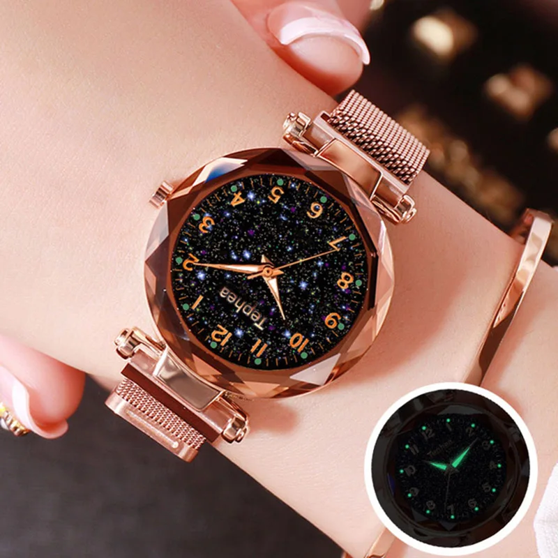 

Часы наручные женские с магнитной застежкой, Роскошные Кварцевые с изображением звёздного неба, цвет розовое золото, 2019