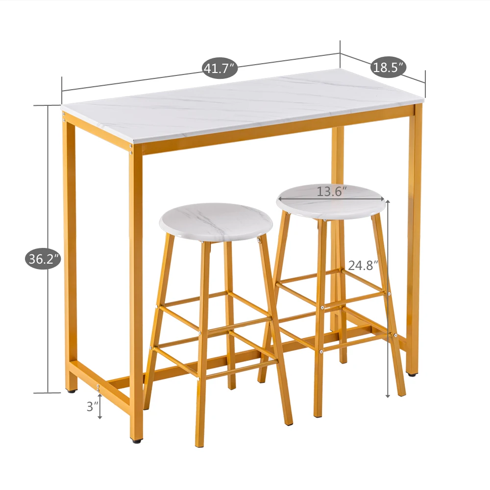 

[107 x 47 x 92]cm PVC Marble Simple Bar Table Round Bar Stool Golden Paint (One Table and Two Stools) White