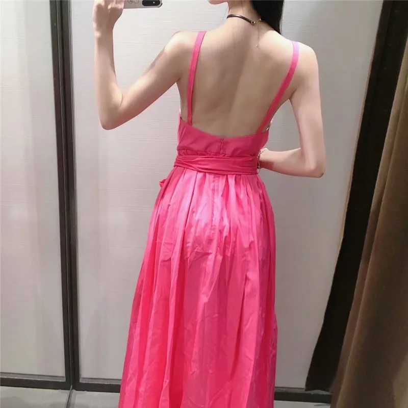 

Za 2021 Pink Tied Bow Party Straps Dress Women Sleeveless Backless Sexy Long Dress Woman Fashion Pleated Back Zip Elegant Dress