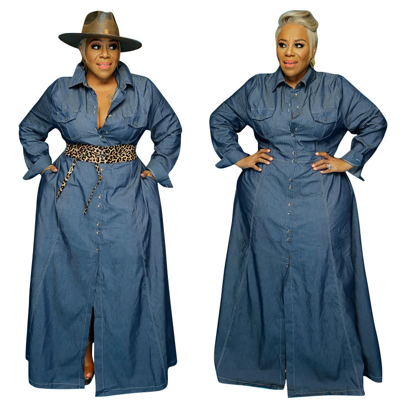 

2021 Newest Winter Women ClothesLong Denim Coat Casual Plus Size Women's One-Piece Solid Floor-length Denim Dresses