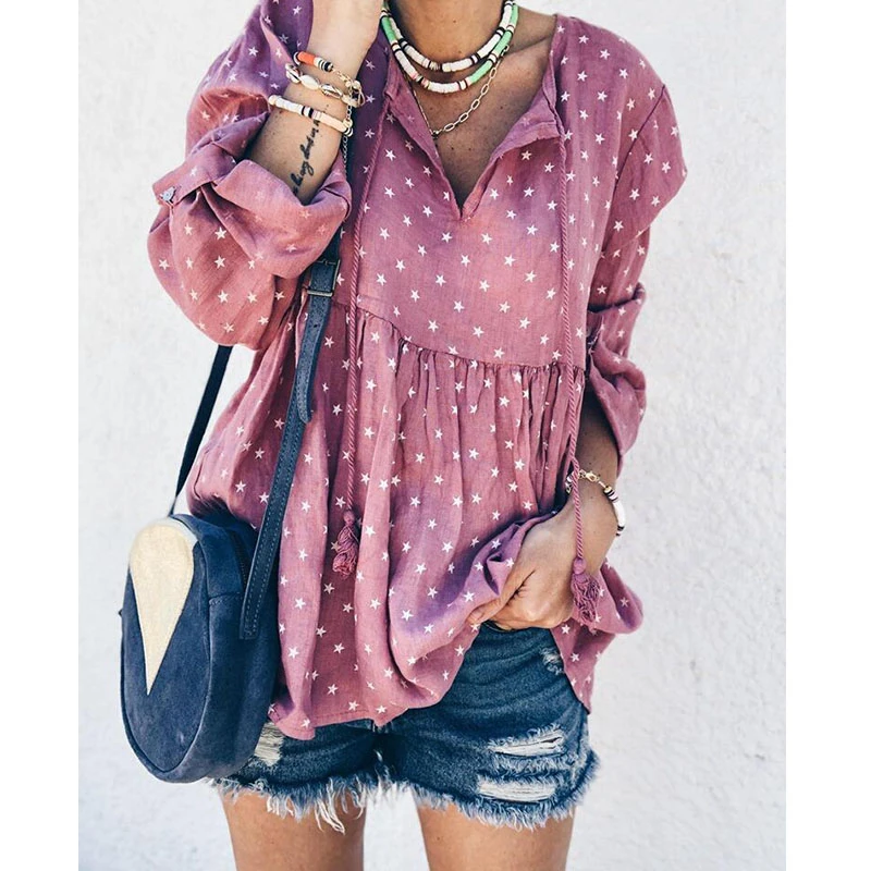 Модные плиссированные блузки с v-образным вырезом и принтом пентаграммы для