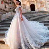 high end off the shoulder embroidery appliques tulle chapel train bridal ball gown luxury boat neck button back wedding dress