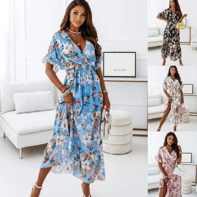 

Summer Women Dress Short Sleeve V-Neck Boho Print Dress Streetwear Elegant High Waist Ladies Clothing Vintage Dresses Vestidos