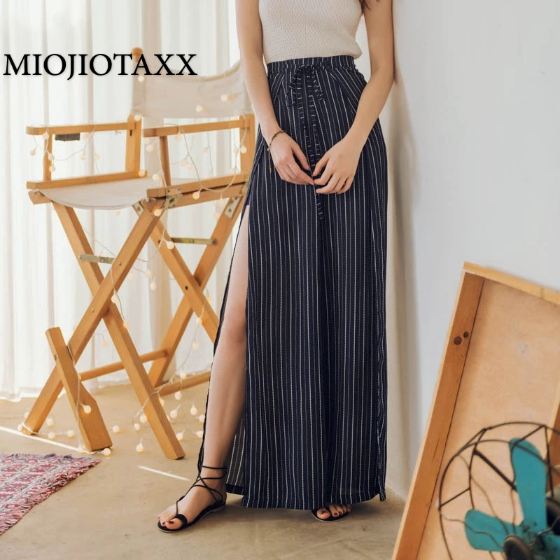 

Летние новые полосатые шифоновые брюки, праздничные пляжные брюки с широкими штанинами, пикантные брюки с высокой талией и разрезом, женски...