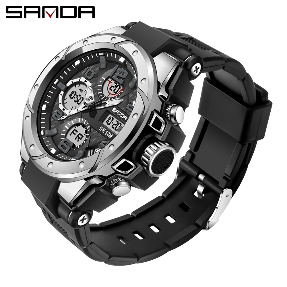 

SANDA Sport Men's Watches Top Luxury Digital Pointer Clock Shockproof Stopwatch Quartz Watch 50M Waterproof Men Watch Clock 6008