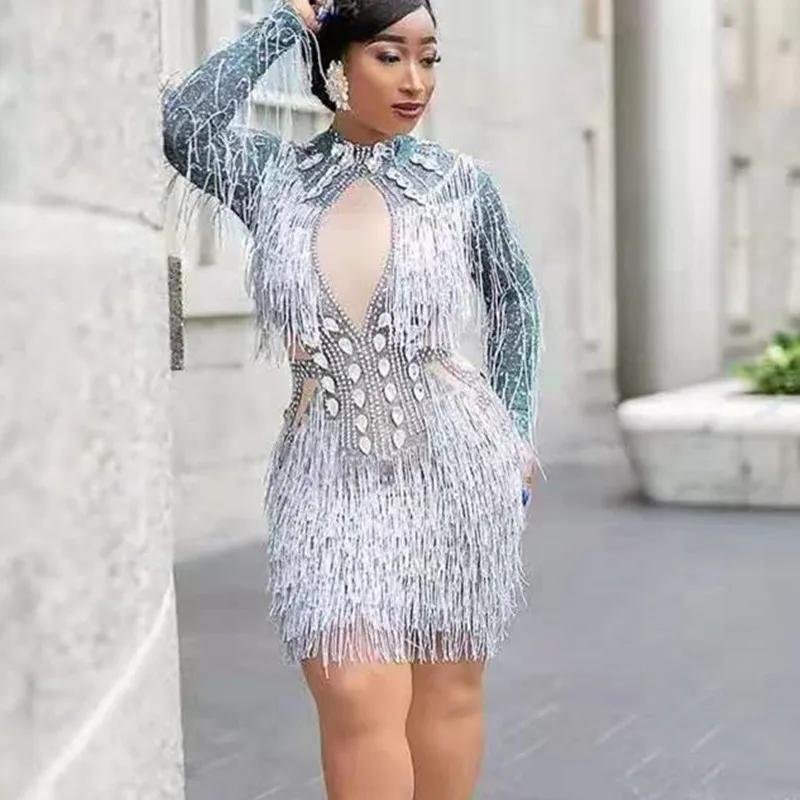 

High Elastic Glitter Rhinestones Silver Gray Tassels Short Dress Mesh Perspective Dress Lady Birthday Party Outfit Stage Costume
