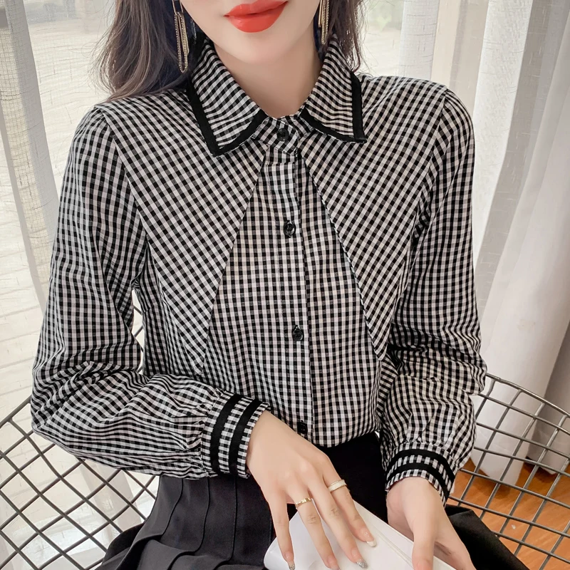 

Шифоновая женская блузка, Повседневная рубашка-поло для девочек, модная одежда в клетку на весну и осень, Топ с длинным рукавом, свободные же...