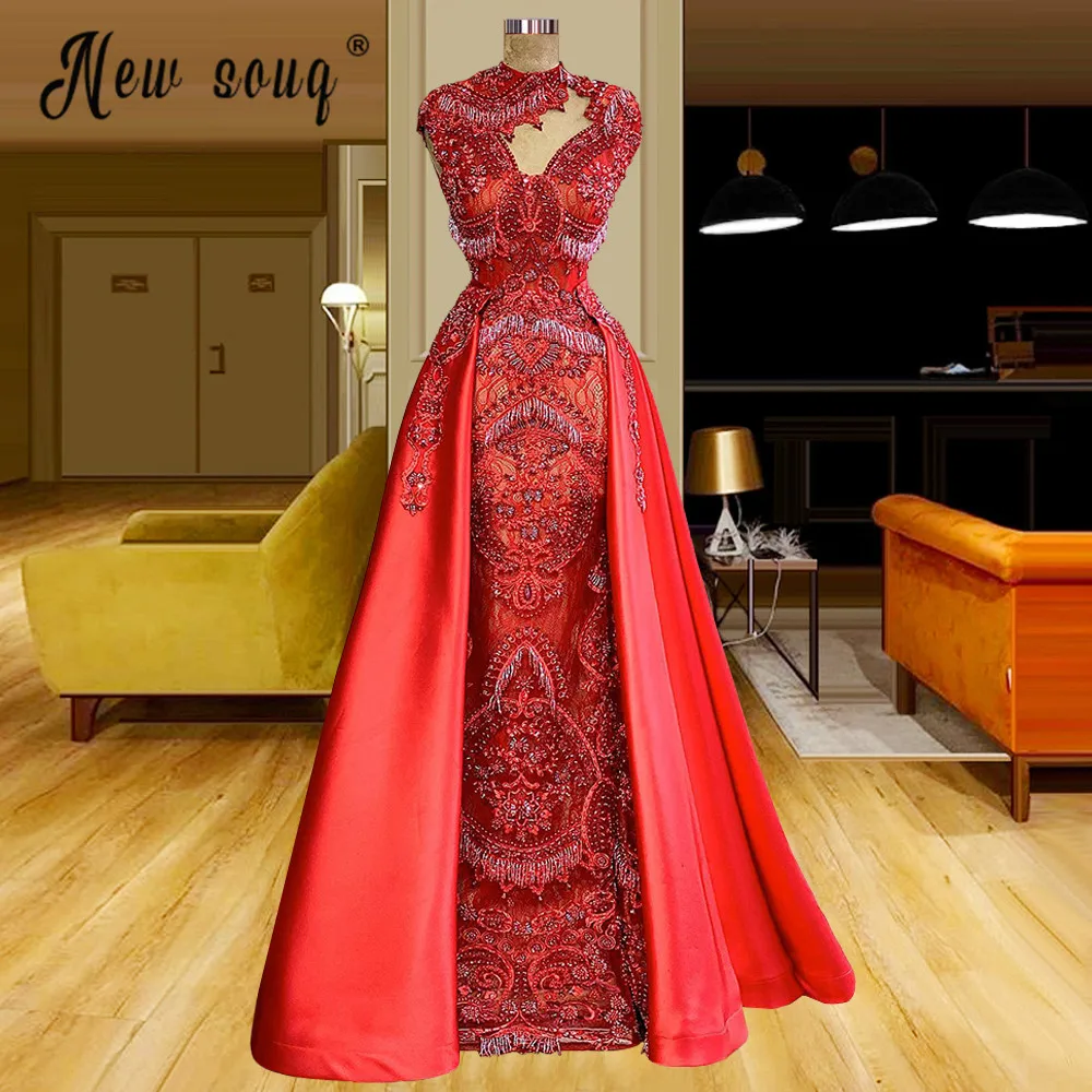 

Red Arabic Detachable Train Evening Dresses High Neck Beading Tassel Robe de Mariee 2022 Celebrity Prom Party Gowns