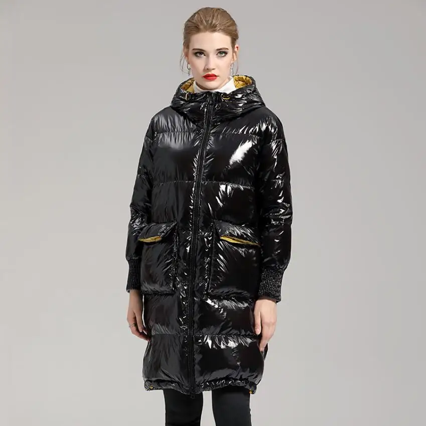 

Winter glossy fabric bread style hooded thicker warm big pockets duck down parkas female oversized fluffy duck down coat F270