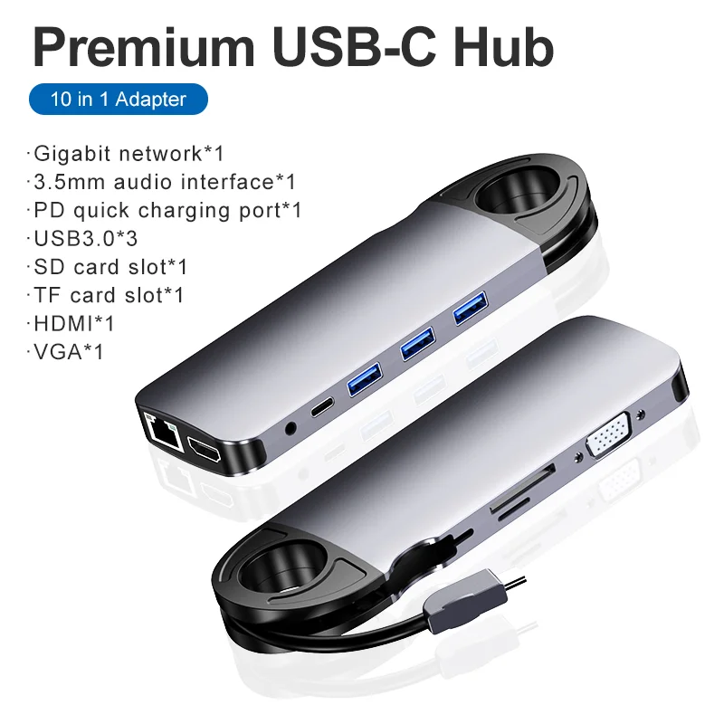 

10 in 1 USB C Hub Type C to USB 3.0 TF VGA HDMI Adapter RJ45 Network Card for PC Computer
