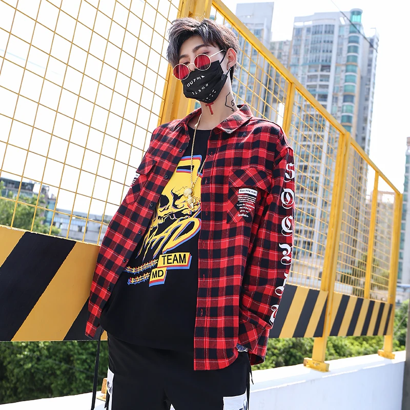 Клетчатая Мужская рубашка роскошная с длинным рукавом в клетку стиле хип хоп